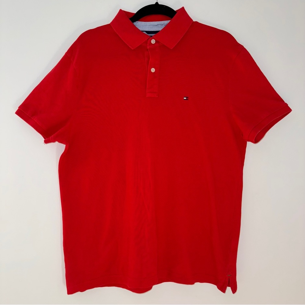 Tommy Hilfiger Red Polo Shirt Custom Fit Cotton Embroidered Flag Logo Size Large